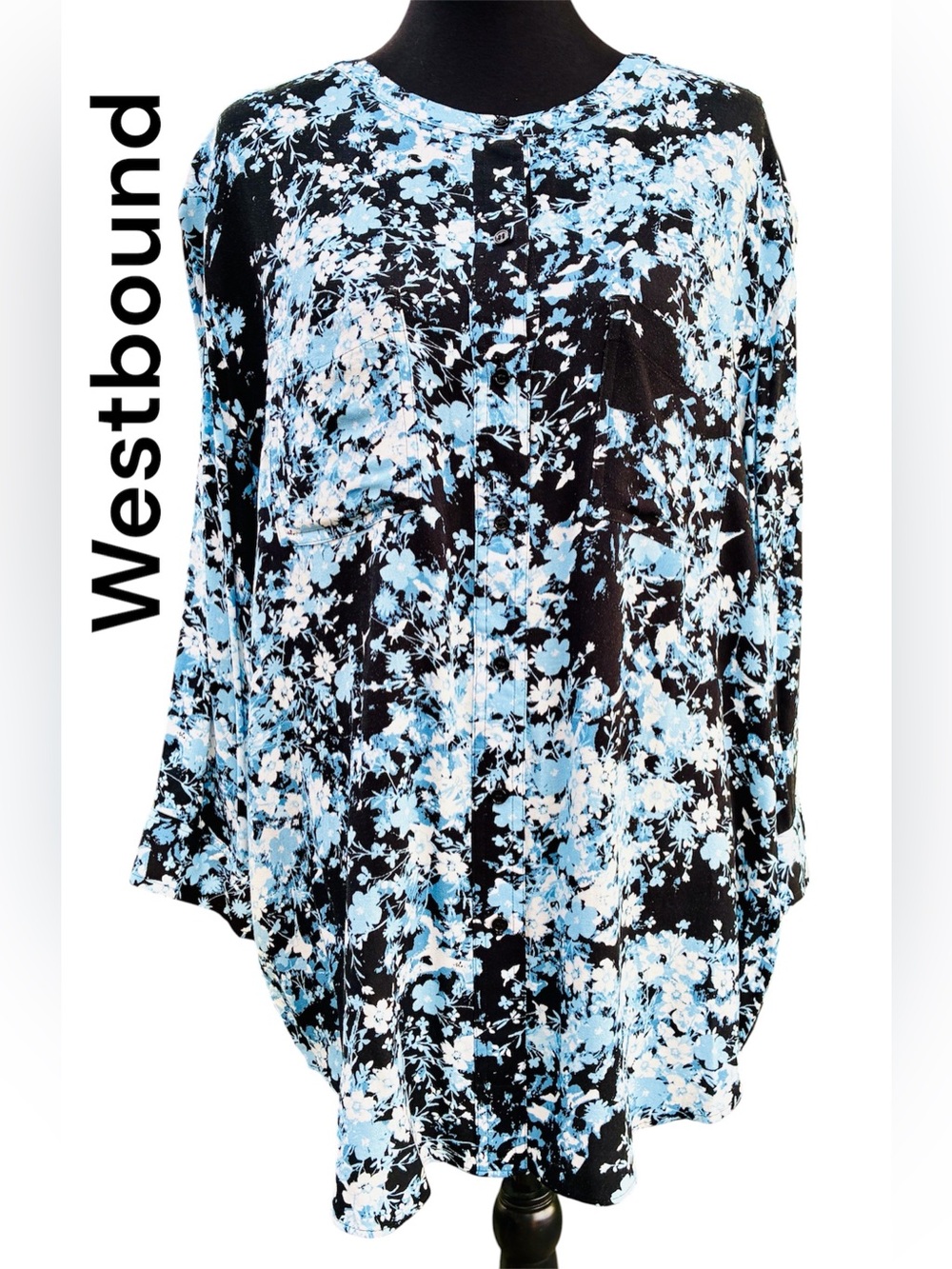 NWT Westbound Woman 1X Blue Black Floral Button Front Blouse Tunic